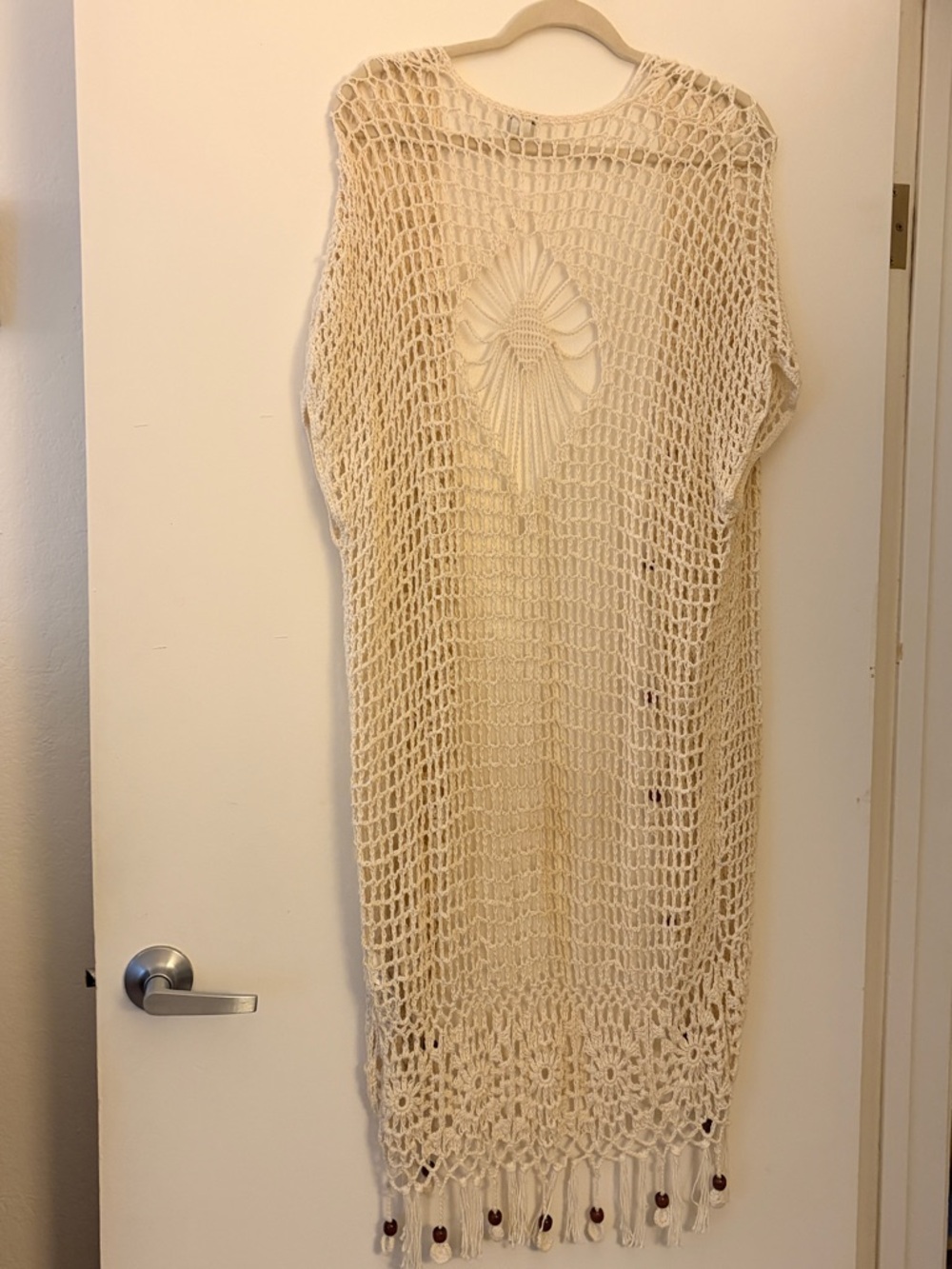 Forever 21 Cream Crochet Longline Openwork Kimono Vest with Bead Fringe - Picture 2 of 3